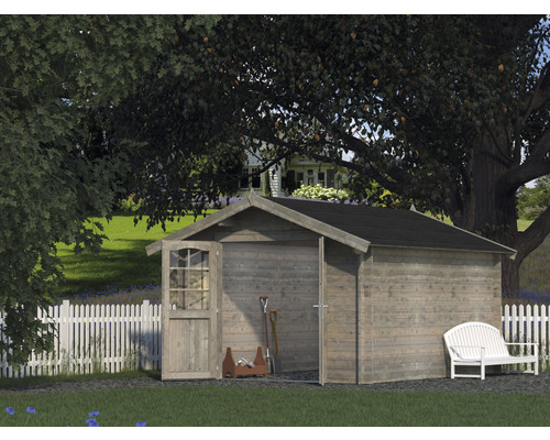 Abri de jardin Palmako Lotta 10,0 m² 331 x 430 cm imprégné par immersion gris Scène de jardin avec abri de jardin en bois, outils de jardinage et banc de jardin