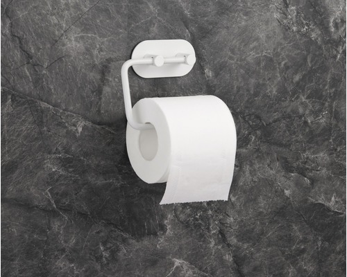 Toilettenpapierhalter mit Papierrolle an grauer Wand
