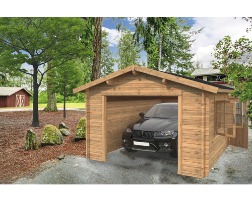 Einzelgarage Palmako Roger 19,0 m² ohne Tor 360 x 550 cm tauchgrundiert braun Holzgarage mit Auto und Fenster im Garten
