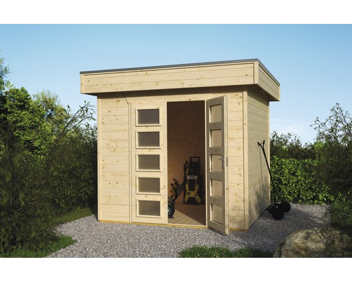Chalet de jardin en madriers SKAN HOLZ Venlo avec plancher 290 x 290 cm naturel Abri de jardin en bois avec double porte et fenêtres pour ranger les outils de jardin