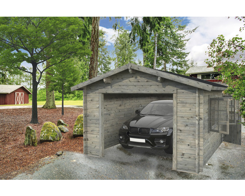 Einzelgarage Palmako Roger 19,0 m² ohne Tor 360 x 550 cm tauchgrundiert grau Graue Holzgarage mit Auto im Freien.