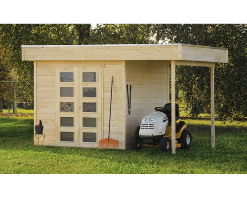 Chalet de jardin en madrier SKAN HOLZ Venlo 2 avec plancher et toit latéral 380x250 cm naturel