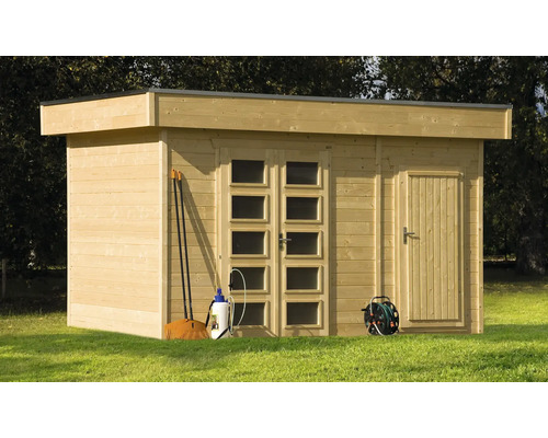 Blockbohlenhaus SKAN HOLZ Venlo 3 mit Fussboden und seitlichem Raum 380x250 cm natur