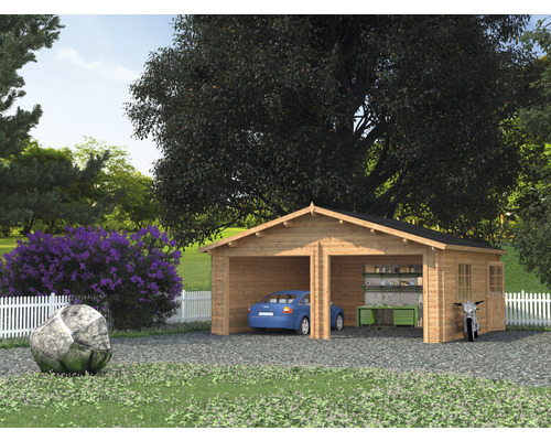 Doppelgarage Palmako Roger 28,4 m² ohne Tor 575 x 510 cm tauchgrundiert braun Holzgarage mit Auto, Werkbank und Motorrad im Garten