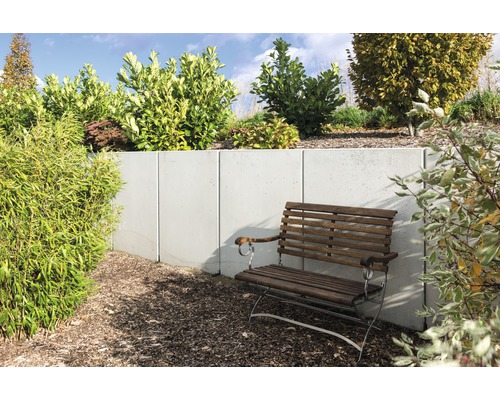 Aménagement de jardin avec mur en béton et banc en bois entre buissons et arbres