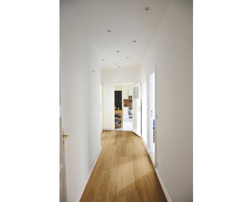 Couloir avec plancher en bois et plafonniers