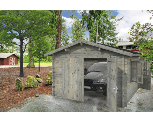 Einzelgarage Palmako Roger 19,0 m² mit Holztor 360 x 550 cm tauchgrundiert grau Holzgarage mit geöffneten Türen und Fensterläden, mit einem Auto im Inneren.