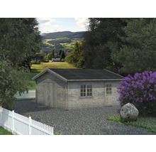 Holzgartenhaus mit Fenster und Tür vor ländlicher Kulisse