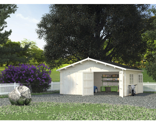 Garage double Palmako Roger 28.4 m² avec portails en bois 575x510 cm naturel Jardin avec abri de jardin, moto et décoration de jardin