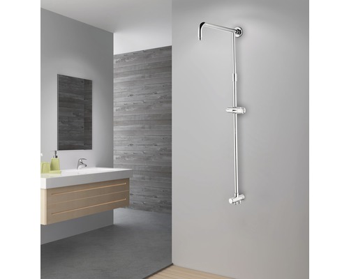 Badezimmer mit Brausestange, Waschbeckenunterschrank und Spiegel