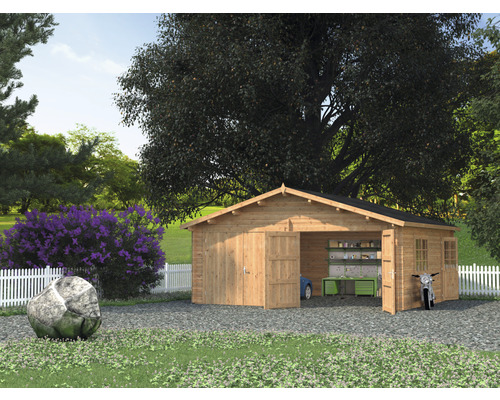 Garage double Palmako Roger 28.4 m² avec portails en bois 575x510 cm marron