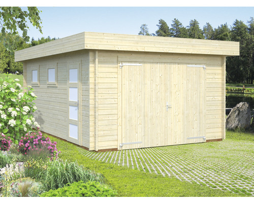 Garage simple Palmako Rasmus 19.0 m² avec portail en bois 360x550 cm naturel Garage en bois avec toit plat et double porte dans le jardin
