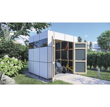 Scène de jardin avec abri à outils moderne en bois et métal