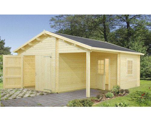Garage simple Palmako Roger 21.9+5.2 m² avec portail en bois 510x550 cm naturel Garage en bois avec extension et double porte