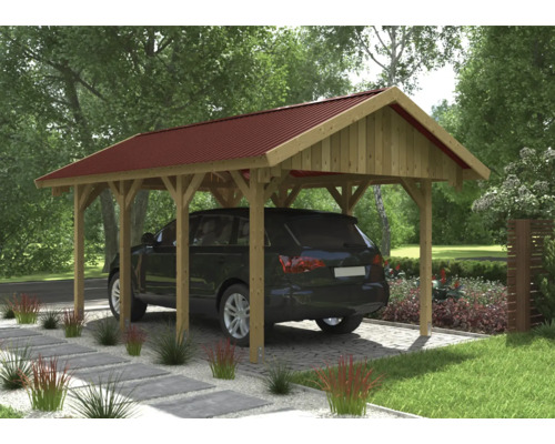 Holzcarport mit rotem Dach und darunter parkendem Auto