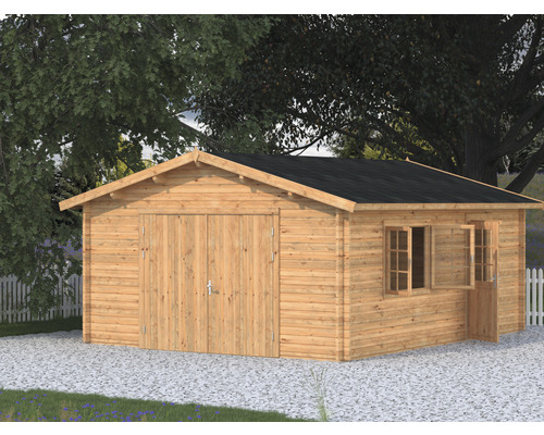 Einzelgarage Palmako Roger 23,9 m² mit Holztor 450 x 550 cm tauchgrundiert braun Holzgartenhaus mit Doppeltür und Fenster