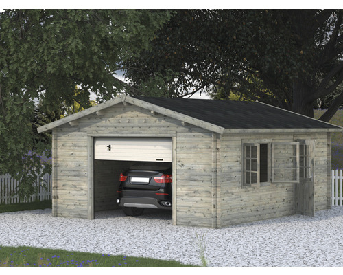Garage simple Palmako Roger 23,9 m² avec portail sectionnel 450 x 550 cm trempé amorcé gris