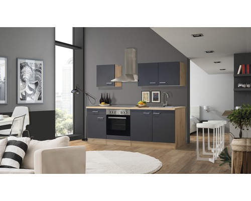 Flex Well Küchenzeile mit Geräten Tiago 210 cm Frontfarbe basaltgrau Matt Korpusfarbe san remo eiche hell