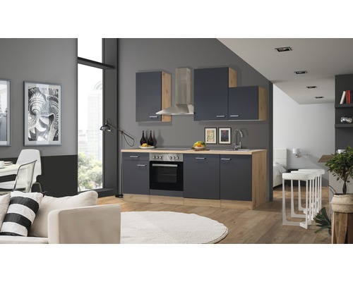 Flex Well Küchenzeile mit Geräten Tiago 220 cm Frontfarbe basaltgrau Matt Korpusfarbe san remo eiche hell