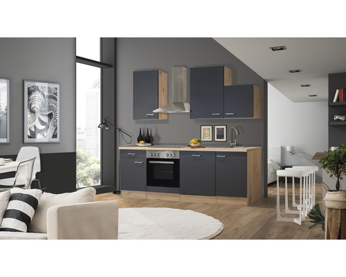 Cuisine complète avec appareils Flex Well Tiago 220 cm couleur de façade gris basalte - couleur du corps chêne clair san remo 00011831