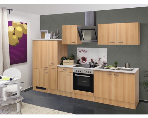 Cuisine équipée avec meubles hauts et bas, cuisinière, évier et hotte aspirante