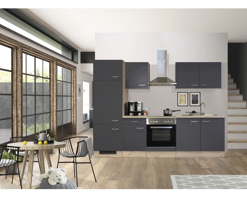 Cuisine complète avec appareils Flex Well Tiago 270 cm couleur de façade gris basalte - couleur du corps chêne clair san remo 00011833