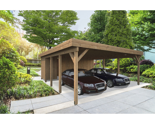 Geräteraum Palmako für Carport Karl 40,6 m² 555 x 196 cm tauchgrundiert braun Carport aus Holz mit zwei geparkten Autos in einer Gartenszene