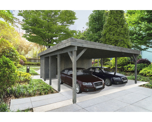 Geräteraum Palmako für Carport Karl 40,6 m² 555 x 196 cm tauchgrundiert grau Doppelcarport aus Holz mit zwei parkierten Autos im Garten.