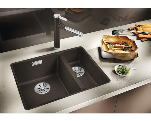 Scène de cuisine avec évier, robinet et plats préparés sur le plan de travail.