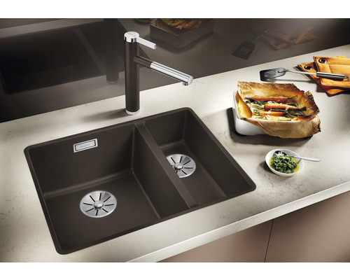 Évier double avec robinet et aliments sur un comptoir de cuisine