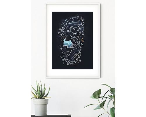 Image encadrée avec une figure de Jasmine stylisée, des constellations et un symbole de croissant de lune