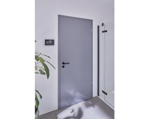 Graue Innentür mit schwarzer Türklinke in einem modern gestalteten Raum.