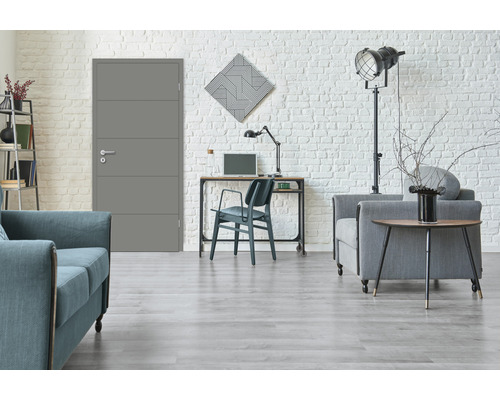 Salon meublé moderne avec porte intérieure grise