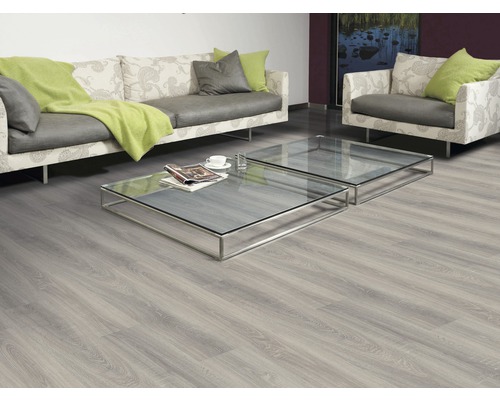 Wohnzimmer mit Laminatboden, Sofa, Sessel und Glastischen.