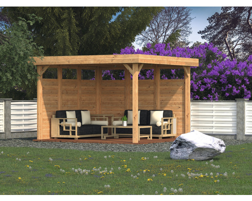 Holzelement Palmako Pavillon Lucy 12,2 m² 103x230 cm tauchgrundiert braun Holzpavillon mit Sitzgruppe im Garten