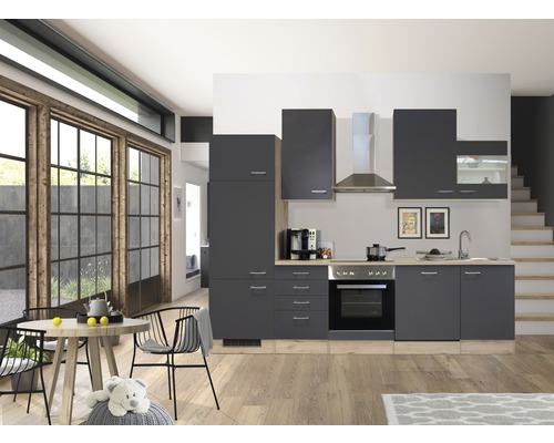 Cuisine complète avec appareils Flex Well Tiago 280 cm couleur de façade gris basalte - couleur du corps chêne clair san remo 00011841