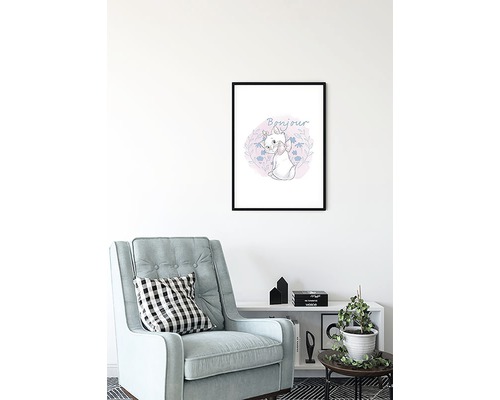 Image murale décorative avec un motif de chat et l''inscription Bonjour dans le salon