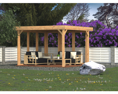 Glaselement Palmako Pavillon Lucy 12,2 m² 103x230 cm tauchgrundiert braun Holzpavillon mit Sitzgruppe im Garten
