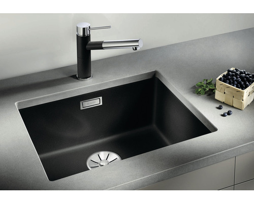 Évier de cuisine encastré avec robinet et panier de myrtilles