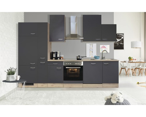 Bloc cuisine complète équipée Flex Well Tiago 310 cm façade gris basalte mate, corps chêne clair san remo variante réversible démonté