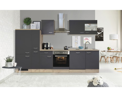 Bloc cuisine complète équipée Flex Well Tiago 310 cm façade gris basalte mate, corps chêne clair san remo variante réversible démonté