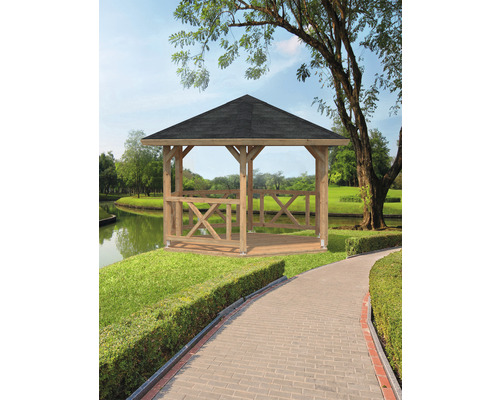 Pavillon Palmako Betty 9,9 m² hexagonal avec garde-corps sans plancher 384 x 339 cm marron