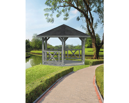 Pavillon Palmako Betty 9,9 m² sechseckig mit Geländer ohne Fussboden 384 x 339 cm tauchgrundiert grau