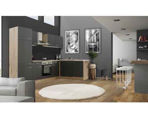 Cuisine d'angle avec appareils Flex Well Tiago 280 cm couleur de façade gris basalte - couleur du corps chêne clair san remo 00011851