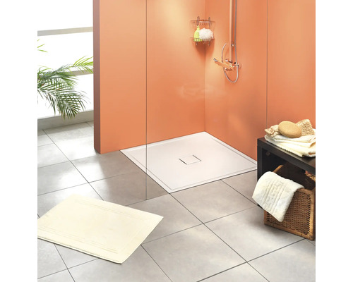 Cabine de douche avec receveur plat, robinetterie de douche et panier de rangement pour accessoires de bain dans une salle de bain lumineuse.
