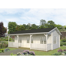 Maison de jardin en bois avec véranda et toit à deux pans dans le jardin