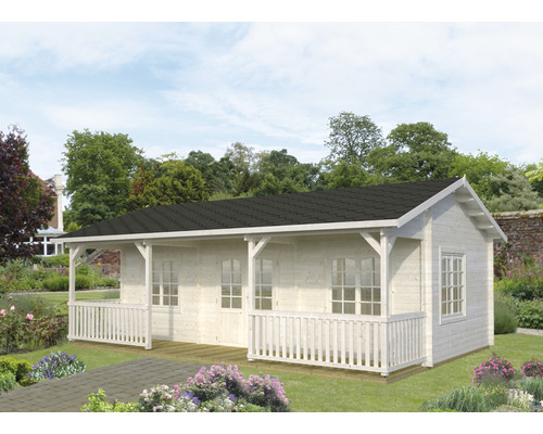 Abri de jardin Palmako Sandra 25.6+11.1 m² avec plancher 771x350 cm naturel Maison de jardin en bois avec véranda et toit à deux pans dans le jardin
