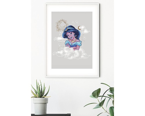 Image encadrée de Jasmine d''Aladdin, entourée de nuages, d''étoiles et de lunes