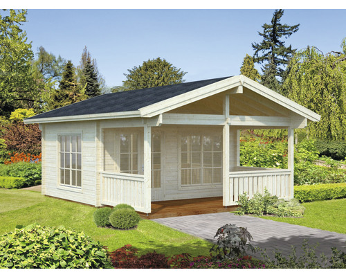 Gartenhaus Palmako Agneta 18,8+12,5 m² inkl. Fussboden, Vordach und Terrasse 608 x 758 cm natur