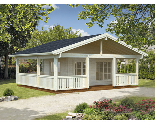 Gartenhaus Palmako Agneta 18.8+28.8 m² inkl. Fussboden. Vordach und Terrasse 750x650 cm natur